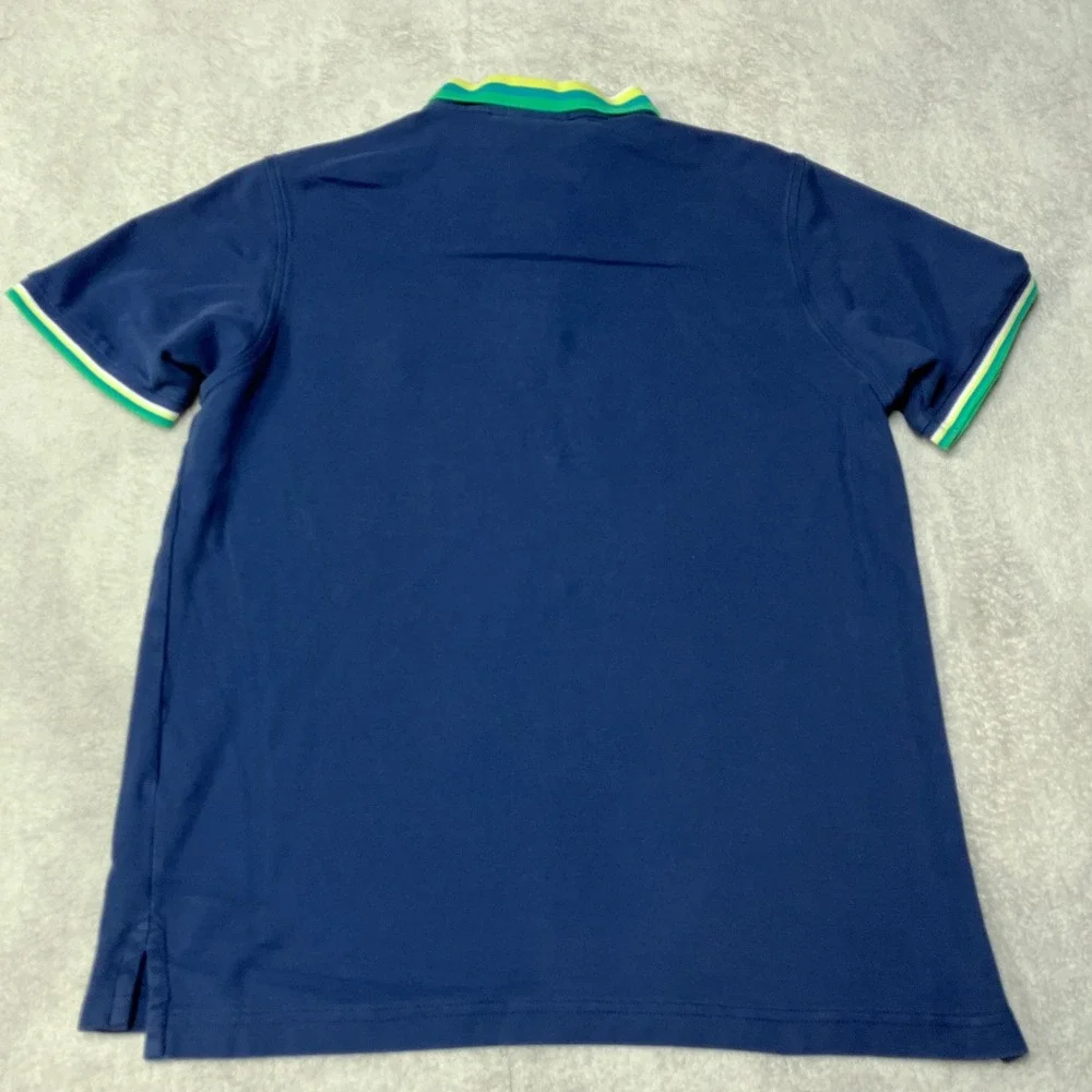Psycho Bunny Polo Shirt Logo Navy Blue Striped Collar Peru Mens Size 5 L